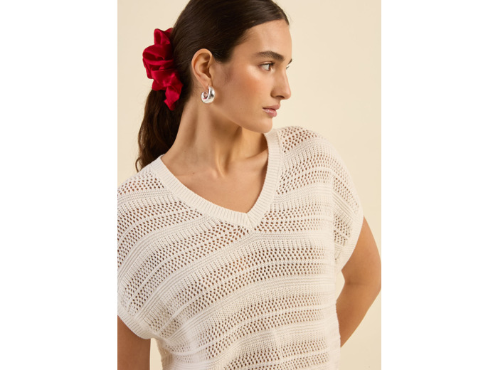 Pull léger en maille ajourée, manches courtes et col V