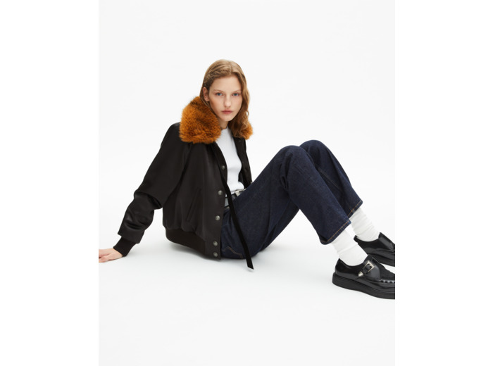 Blouson col fourrure satiné noir black
