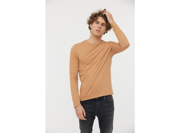 T-shirt basique col rond manches longues en coton bio avec print poirtine