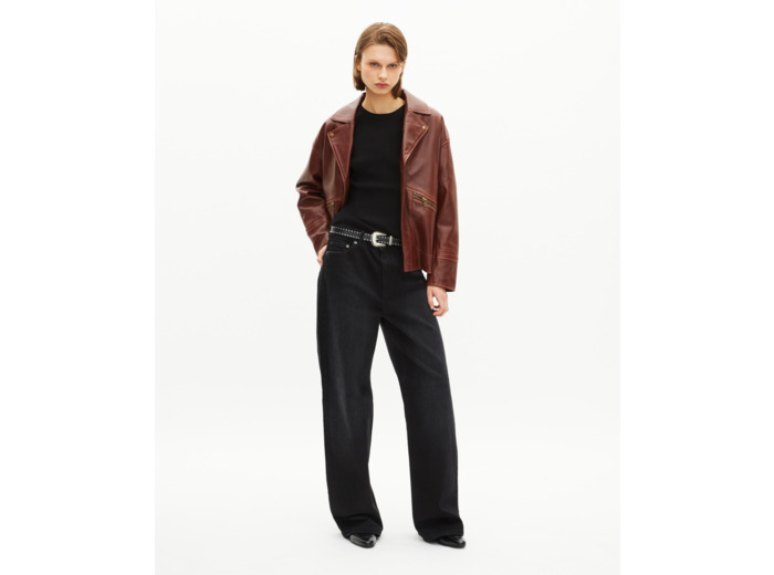 Blouson coupe large en cuir marron brown