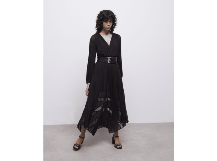Robe longue plissée avec dentelle noire black