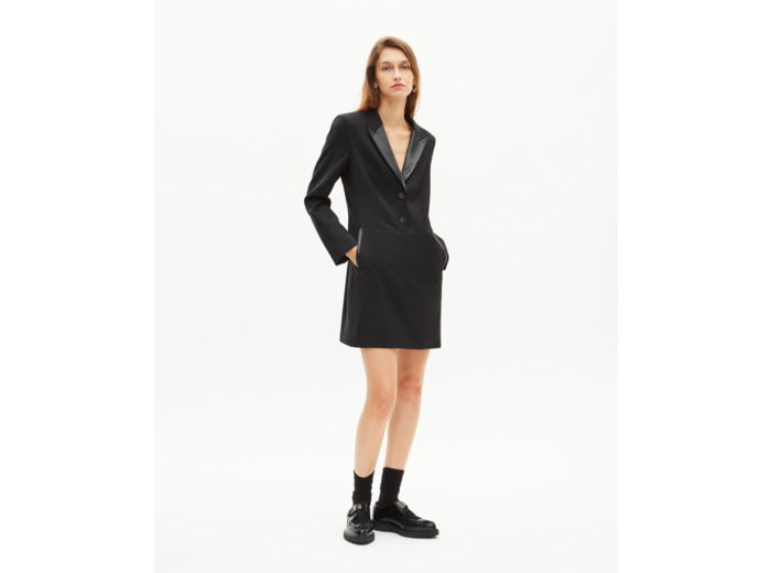 Robe courte en laine et col en cuir noire black