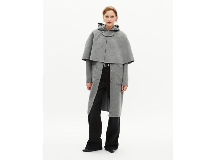 Manteau long en laine double face avec cape gris grey