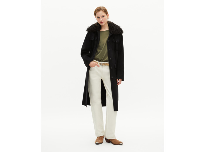 Manteau long en laine double face col sherpa noir black