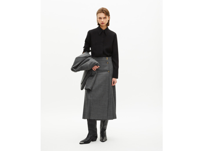 Jupe longue portefeuille en pied de puce noir et gris light grey mel/white