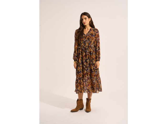Robe longue imprimée avec un col V et des manches longues bouffantes