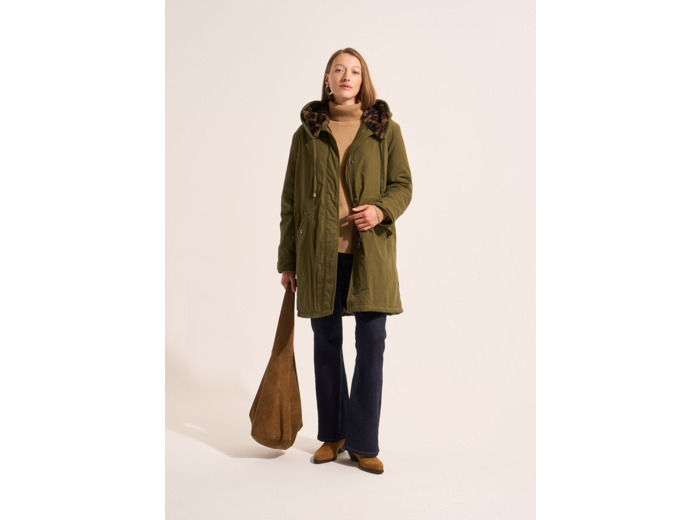 Parka mi longue à capuche avec doublure fausse fourrure léopard