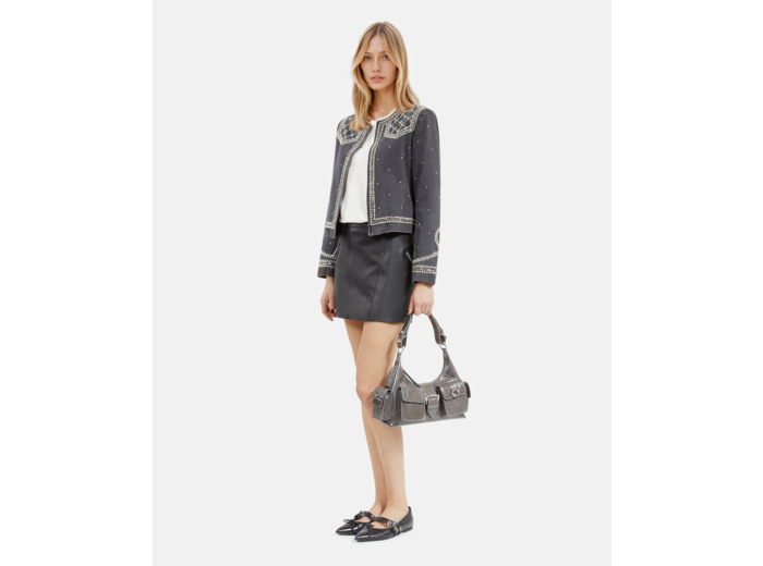 Veste en denim avec studs et perles grise black washed