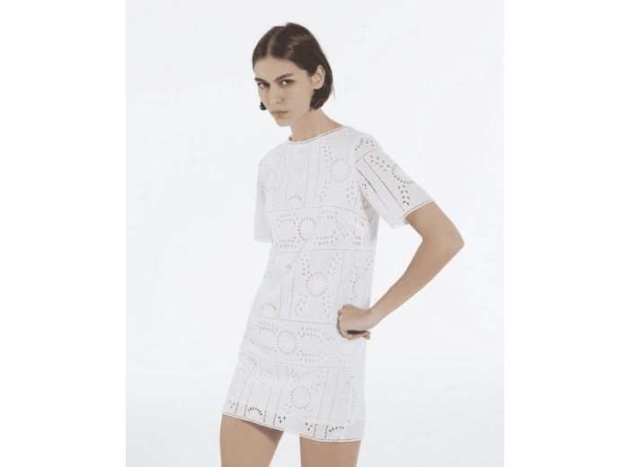 Robe courte manches courtes flower embroidery white