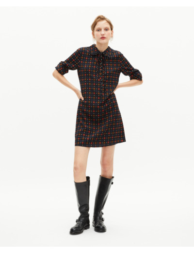 Robe courte imprimée pois et fleurs en soie mélangée noire black
