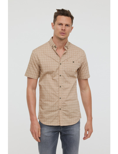 Chemise manches courtes, imprimé petits motifs, avec poche poitrine et broderie