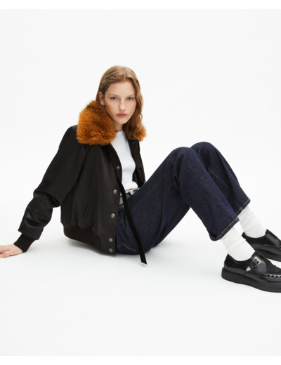 Blouson col fourrure satiné noir black