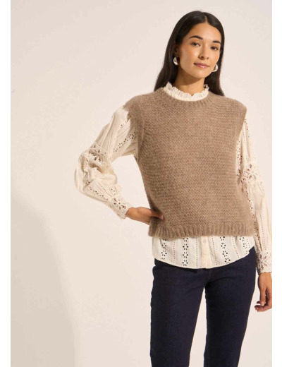 Pull à col rond sans manches détail lurex