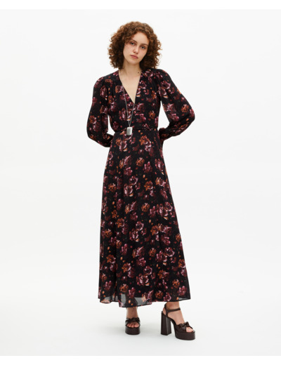 Robe longue imprimé fleuri en soie mélangée bordeaux black