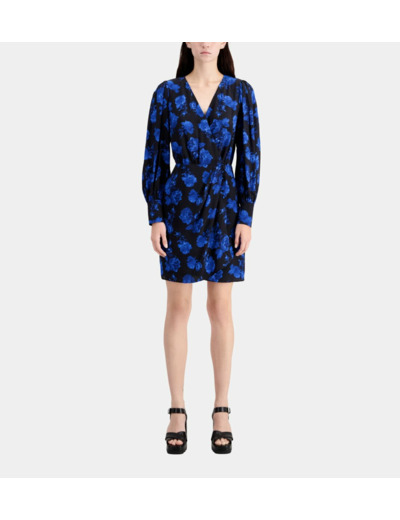 Robe portefeuille courte imprimée en soie black blue