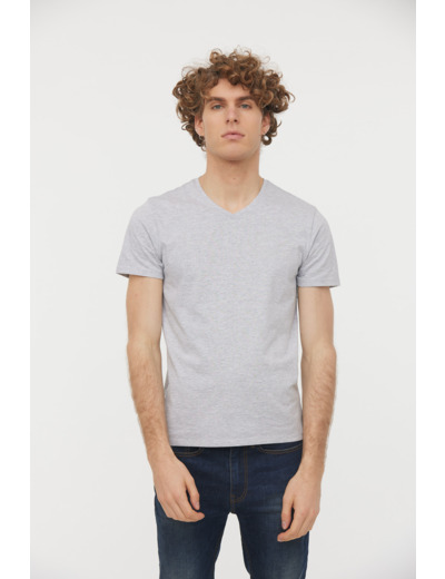 T-shirt basique col V manches courtes en coton bio avec print poirtine