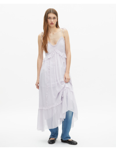 Robe longue avec volants lilas violet