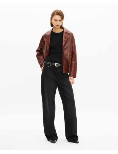 Blouson coupe large en cuir marron brown
