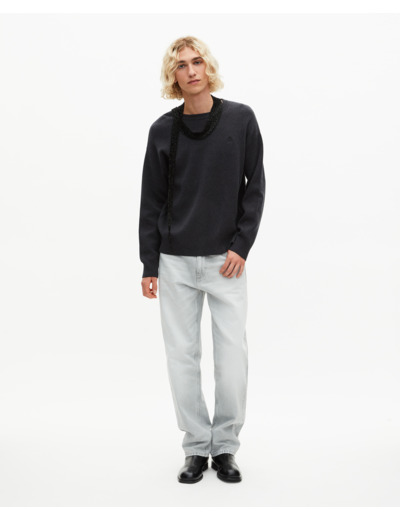 Pull col rond en laine double face gris dark grey melange