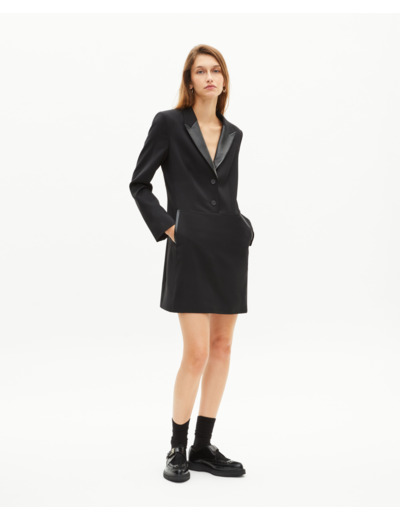 Robe courte en laine et col en cuir noire black