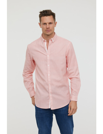 Chemise manches longues en coton/lin, imprimé petits motifs, col boutonné et détails contrastés