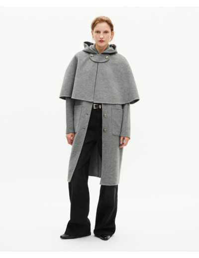 Manteau long en laine double face avec cape gris grey