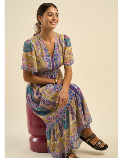 Robe longue décolleté V à motifs