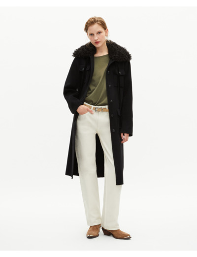 Manteau long en laine double face col sherpa noir black