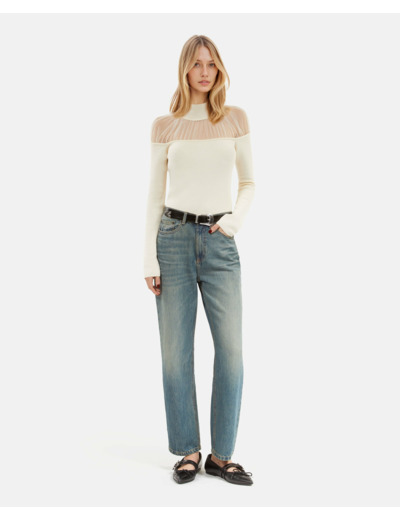 Pull manches longues detail de transparence ecru