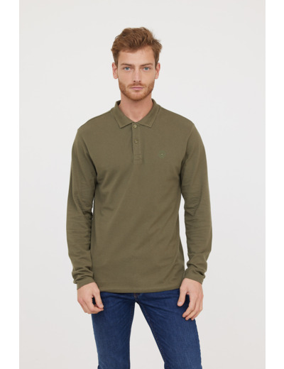 Polo basique manches longues en coton piqué bio, détail col et print poitrine