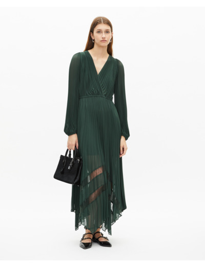 Robe longue plissée verte wood kaki