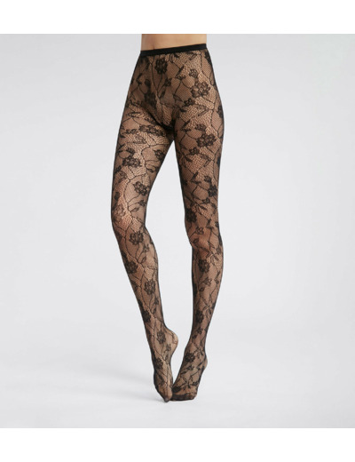 Collant femme en résille et dentelle florale Noir Dim Style