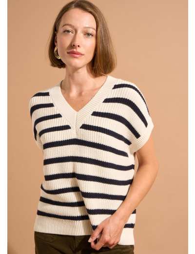 Pull sans manches ample à rayures marines en coton et laine