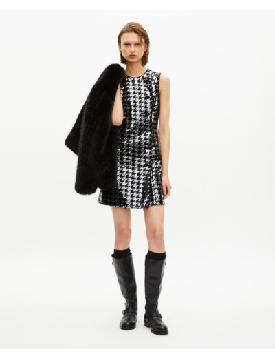 Robe courte en pied de poule à sequins noire black white