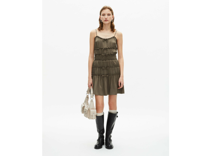 Robe courte a bretelles et elastiques kaki stone