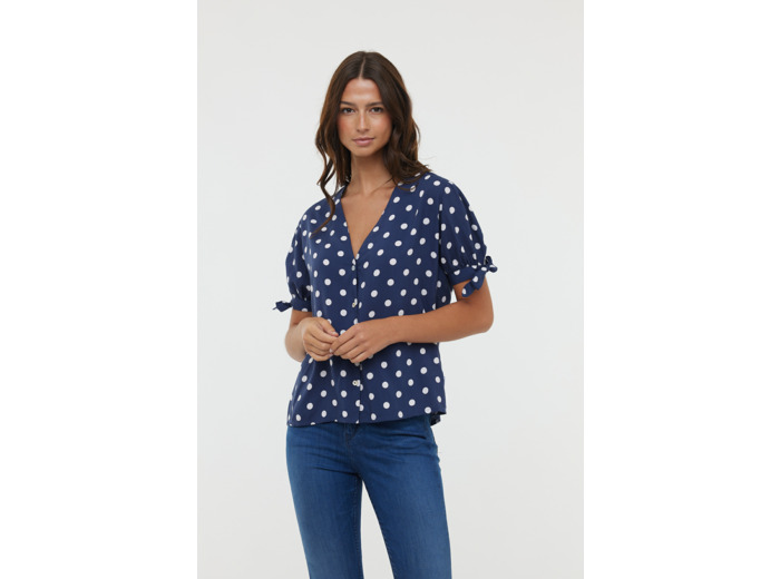 Chemise en viscose, manches courtes bouffantes nouées en bas de manche, col V et fermeture boutonnée, imprimé « Pois »