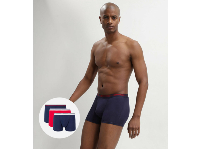 Lot de 3 boxers coton stretch Bleu Denim et Rouge Lave Daily Colors