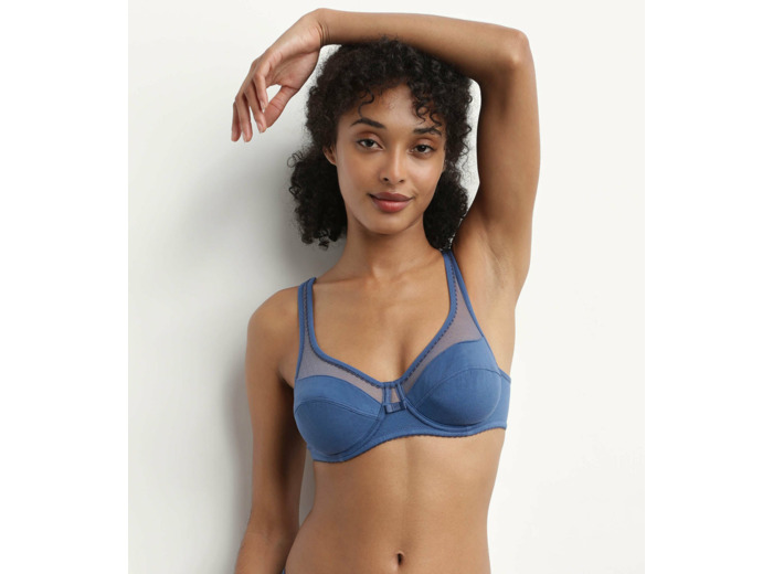 Soutien-gorge emboitant coton bio et tulle plumetis Bleu Gris Generous