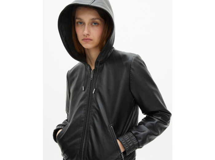 Blouson à capuche en cuir noir black