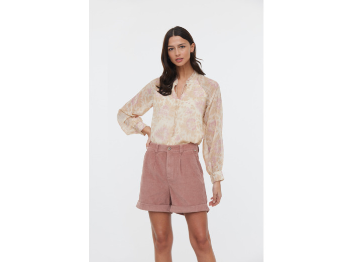 Blouse ample manches bouffantes, col fantaisie avec liens / imprimé tapisserie sur tissu chiffon polyester