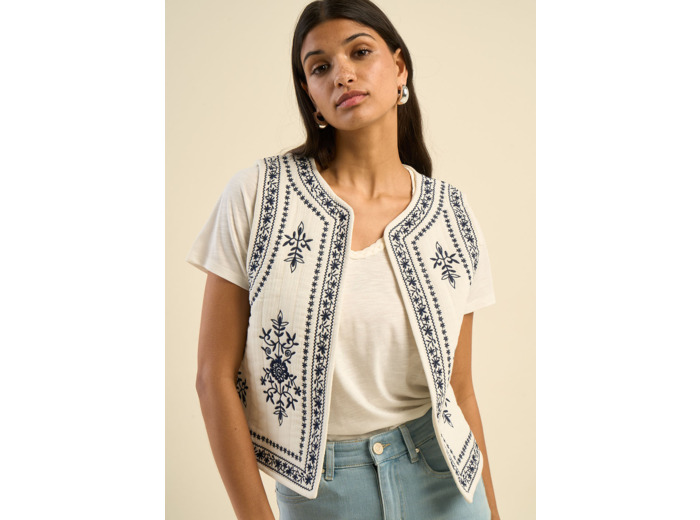 Gilet sans manches brodé en gaze de coton
