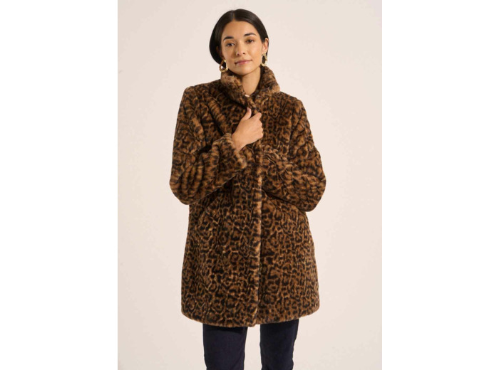 Manteau fausse fourrure léopard ajusté col droit