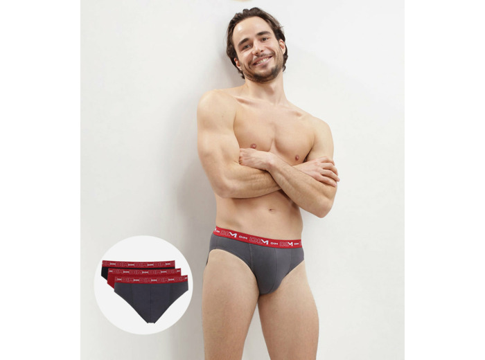 Lot de 3 slips gris, rouge chili et noir Coton Stretch