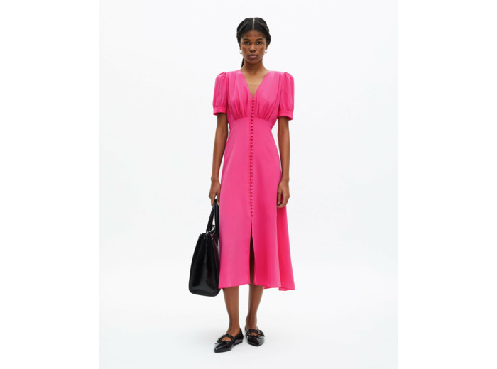 Robe Longue Manche Courte Boutonne Devant fushia