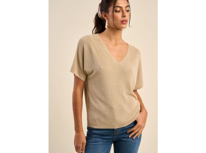 Pull col V manches courtes avec détails fils lurex