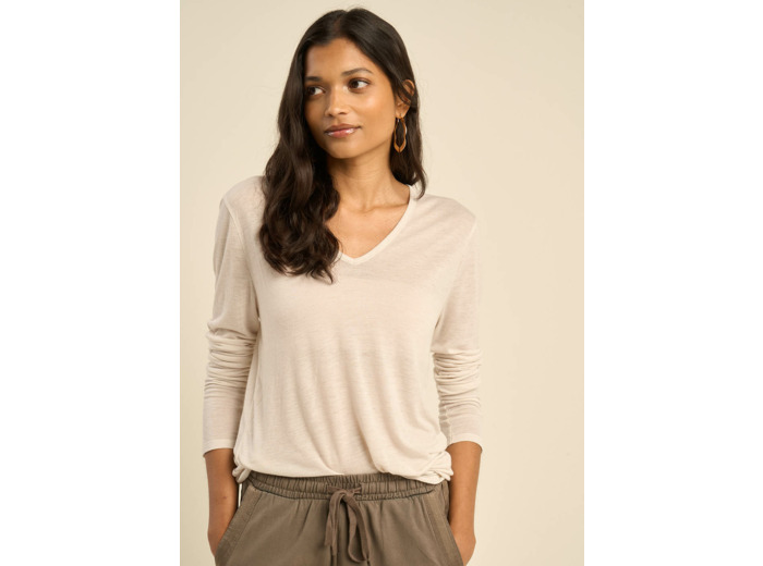 Tee-shirt col V et manches 3/4 en voile de laine