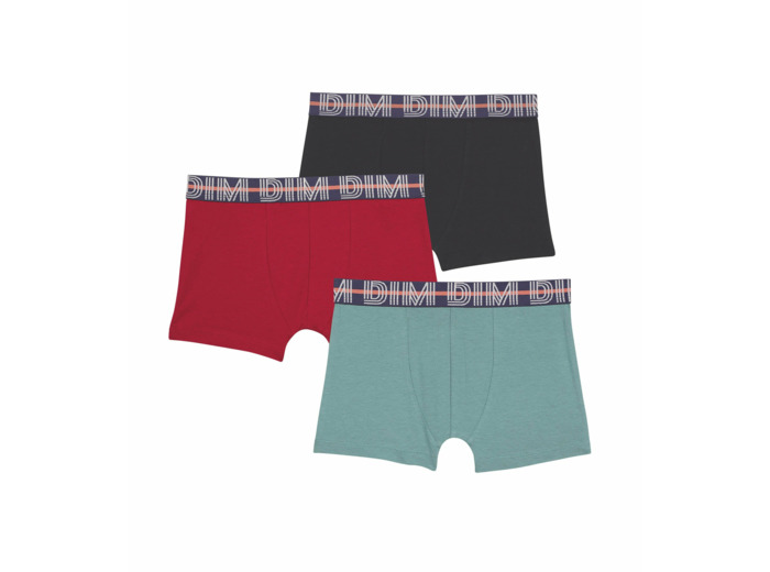 Lot de 3 boxers garçon en coton stretch Rouge Bleu Vert EcoDim Classic