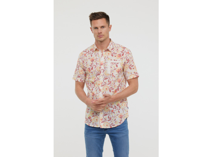 Chemise en voile de coton, manches courtes, imprimé fleurs,  poche poitrine et détails contrastés
