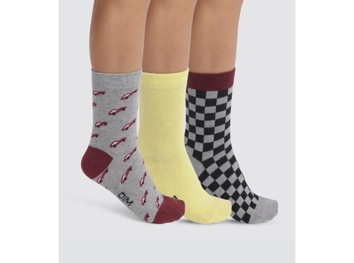 Lot de 3 paires de chaussettes enfant damier Gris Jaune Coton Style