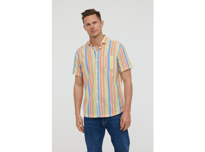 Chemise rayée en coton, manches courtes, avec poche poitrine et broderie bas de chemise